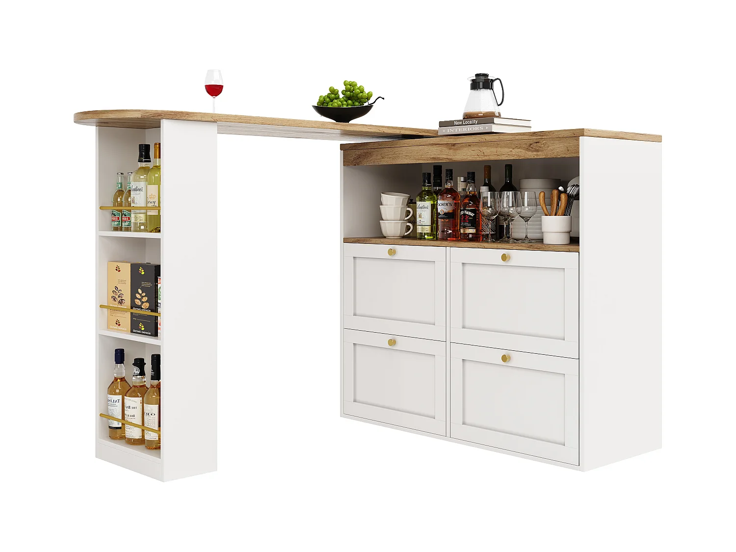 Meuble de bar rotative à 360° - 204 x 39 x 104 cm - avec 4 tiroirs + étagères ouvertes - MDF - blanc