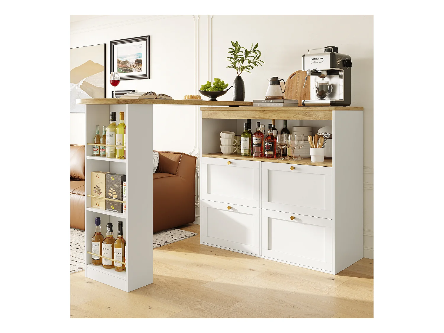 Meuble de bar rotative à 360° - 204 x 39 x 104 cm - avec 4 tiroirs + étagères ouvertes - MDF - blanc