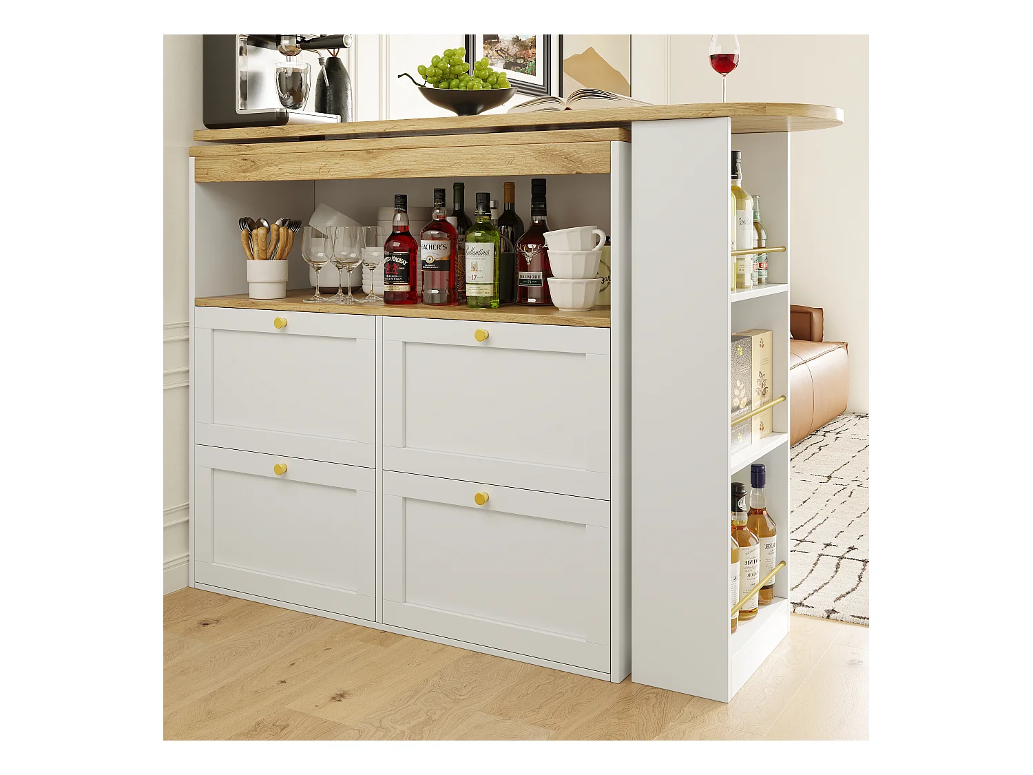 Meuble de bar rotative à 360° - 204 x 39 x 104 cm - avec 4 tiroirs + étagères ouvertes - MDF - blanc