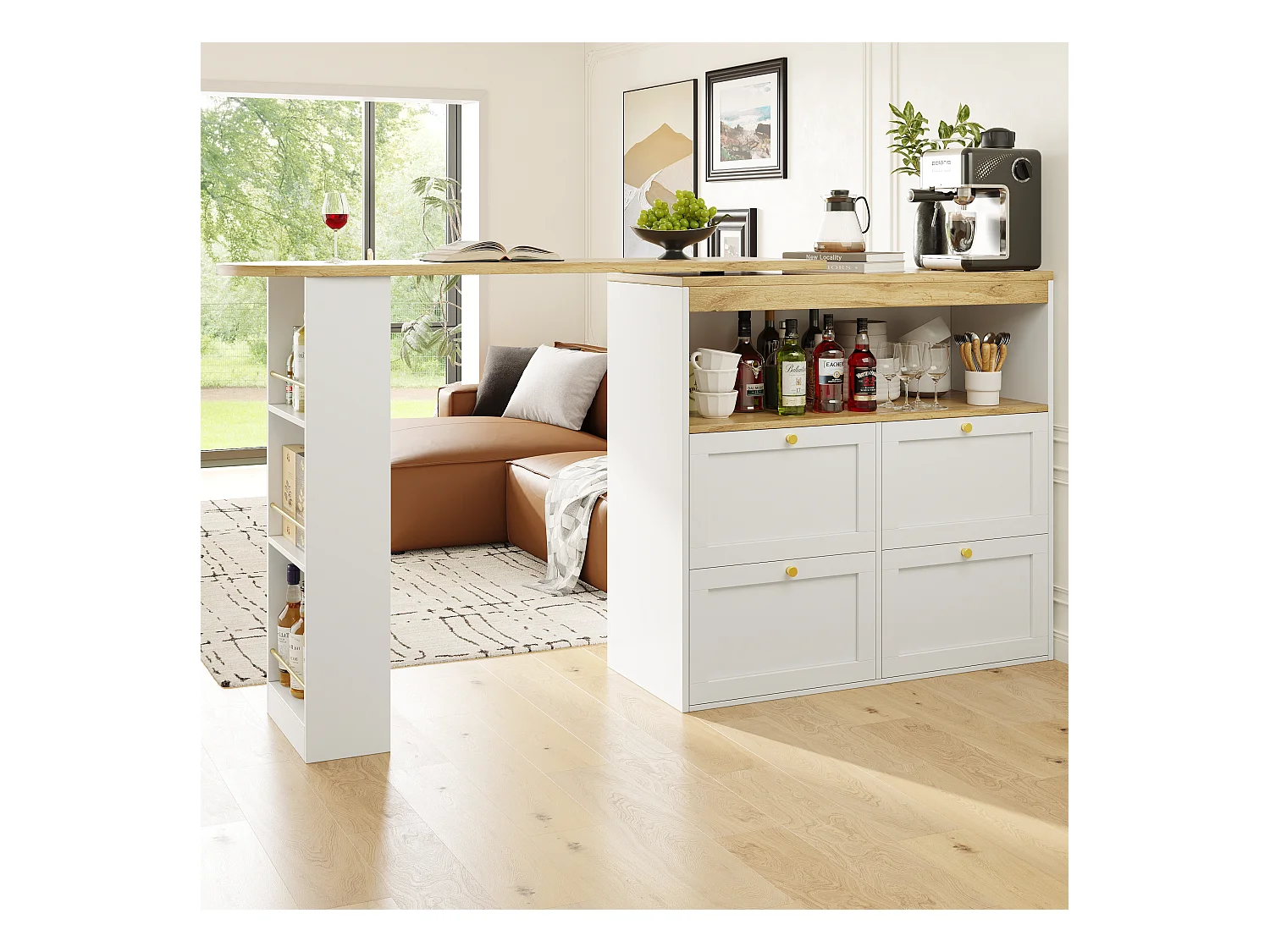 Meuble de bar rotative à 360° - 204 x 39 x 104 cm - avec 4 tiroirs + étagères ouvertes - MDF - blanc