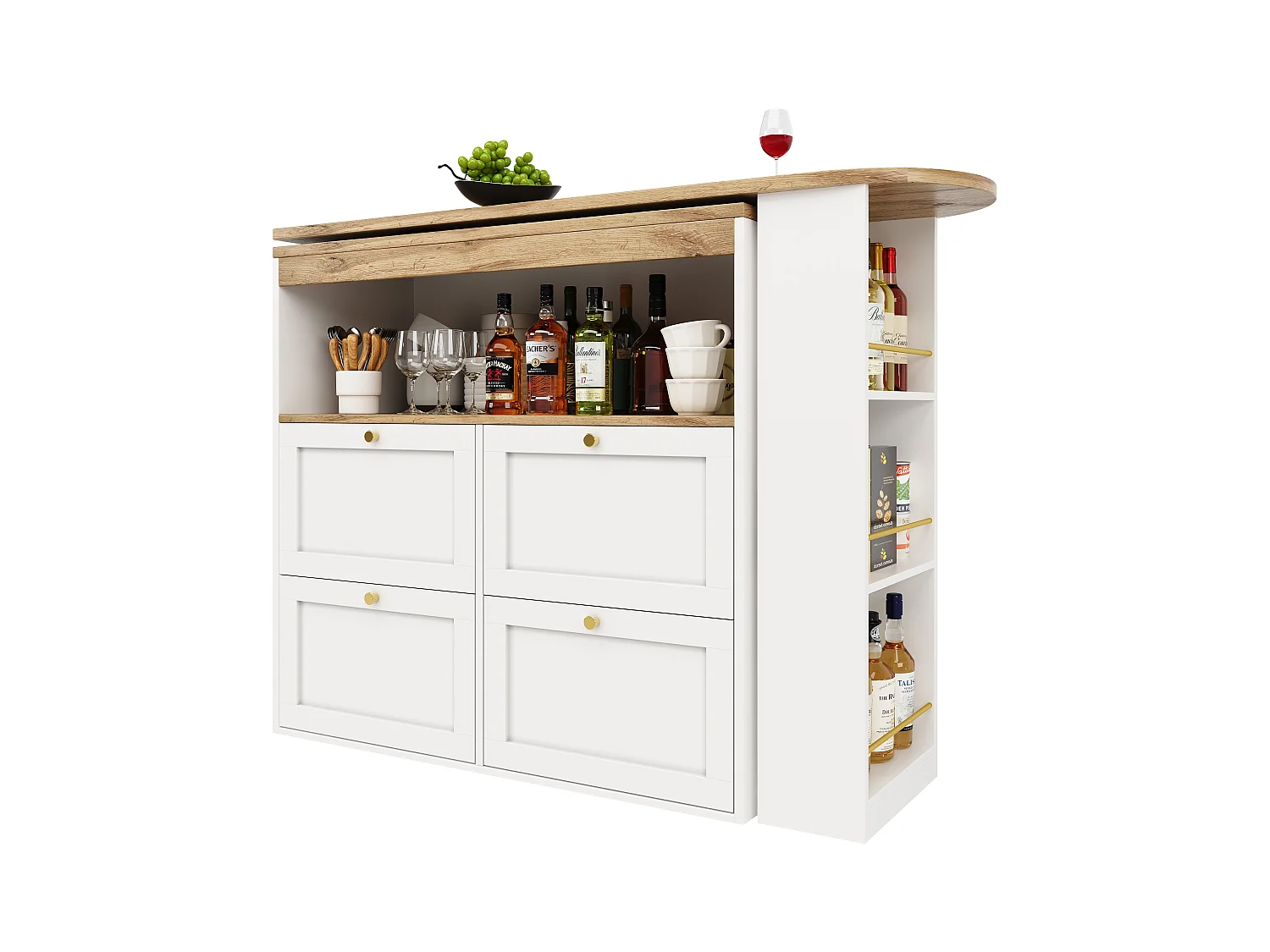 Meuble de bar rotative à 360° - 204 x 39 x 104 cm - avec 4 tiroirs + étagères ouvertes - MDF - blanc