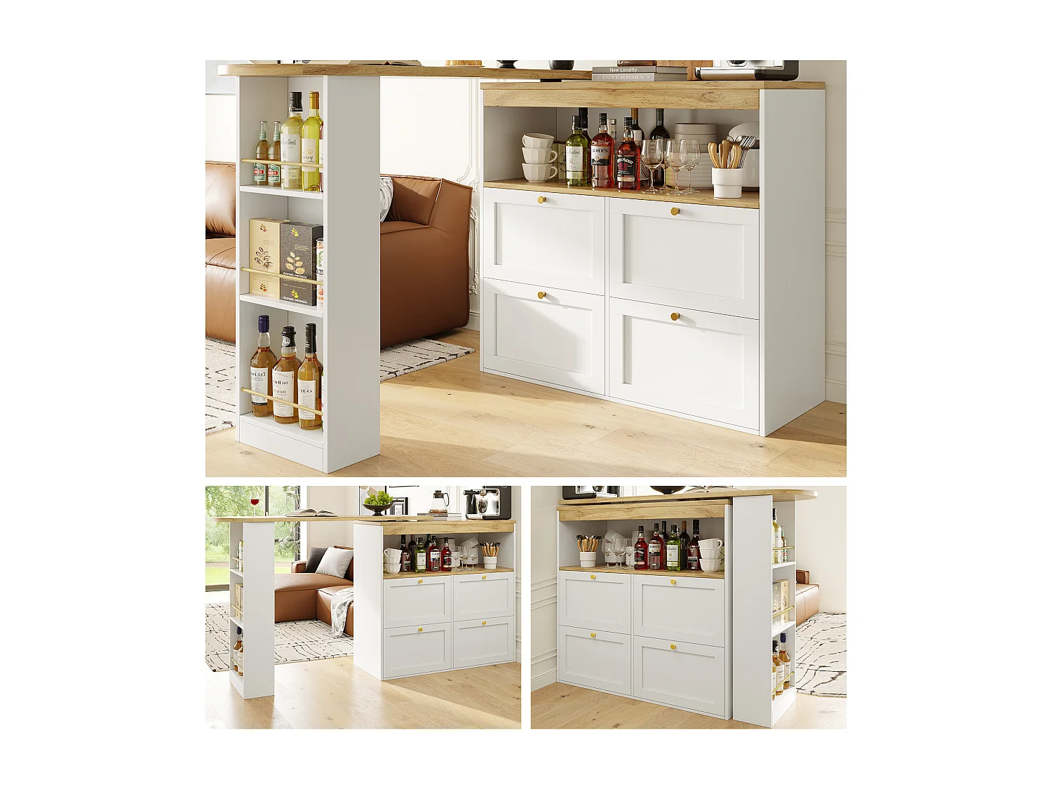 Meuble de bar rotative à 360° - 204 x 39 x 104 cm - avec 4 tiroirs + étagères ouvertes - MDF - blanc