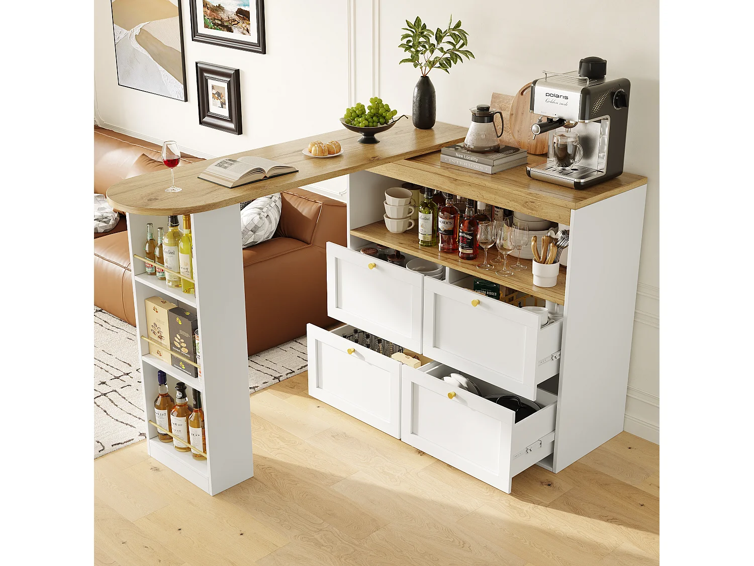 Meuble de bar rotative à 360° - 204 x 39 x 104 cm - avec 4 tiroirs + étagères ouvertes - MDF - blanc