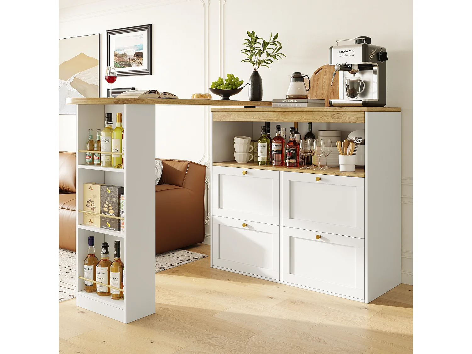 Meuble de bar rotative à 360° - 204 x 39 x 104 cm - avec 4 tiroirs + étagères ouvertes - MDF - blanc