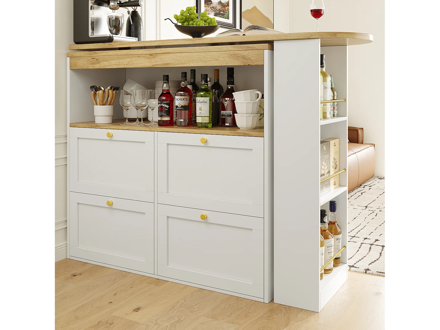 Meuble de bar rotative à 360° - 204 x 39 x 104 cm - avec 4 tiroirs + étagères ouvertes - MDF - blanc