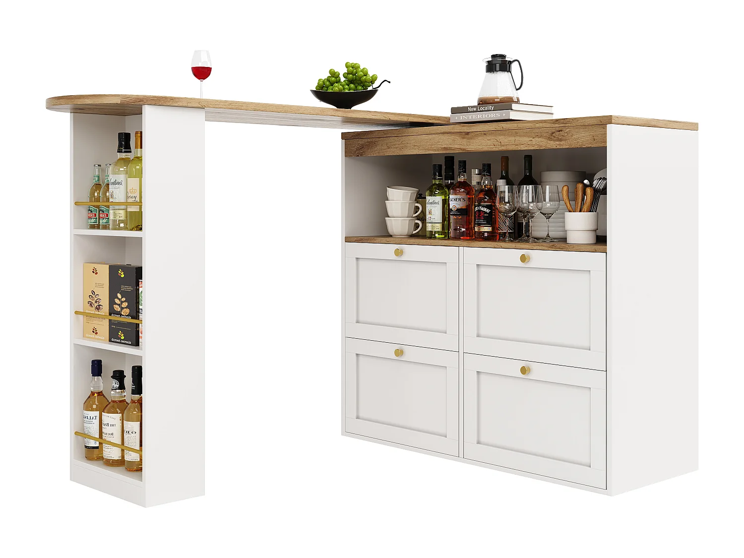 Meuble de bar rotative à 360° - 204 x 39 x 104 cm - avec 4 tiroirs + étagères ouvertes - MDF - blanc