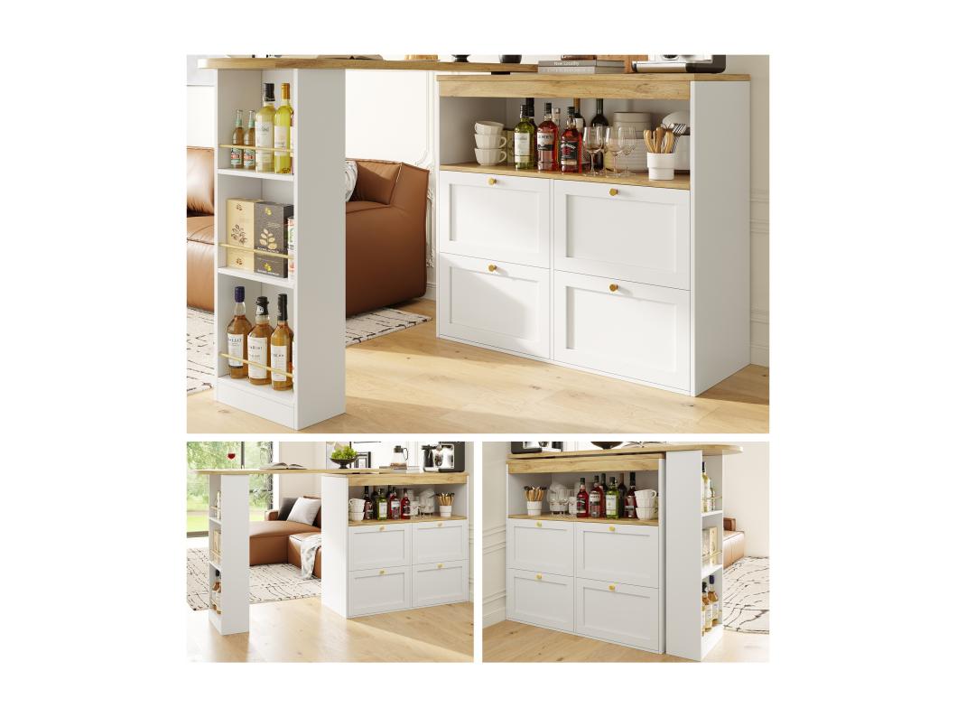 Mobile bar girevole a 360° - 204 x 39 x 104 cm - con 4 cassetti + ripiani aperti - MDF - bianco