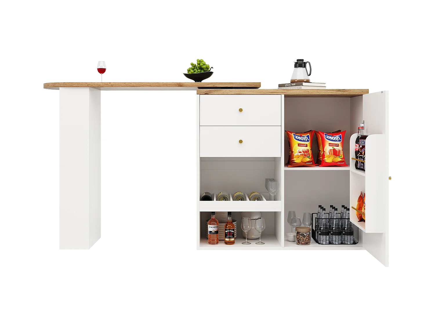 Meuble de bar rotative à 360° - 204 x 39 x 104 cm - avec 2 tiroirs + armoire à portes - MDF - blanc