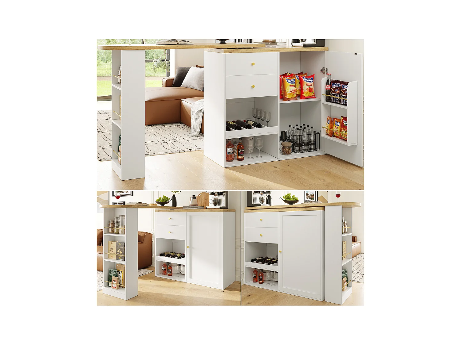 Meuble de bar rotative à 360° - 204 x 39 x 104 cm - avec 2 tiroirs + armoire à portes - MDF - blanc