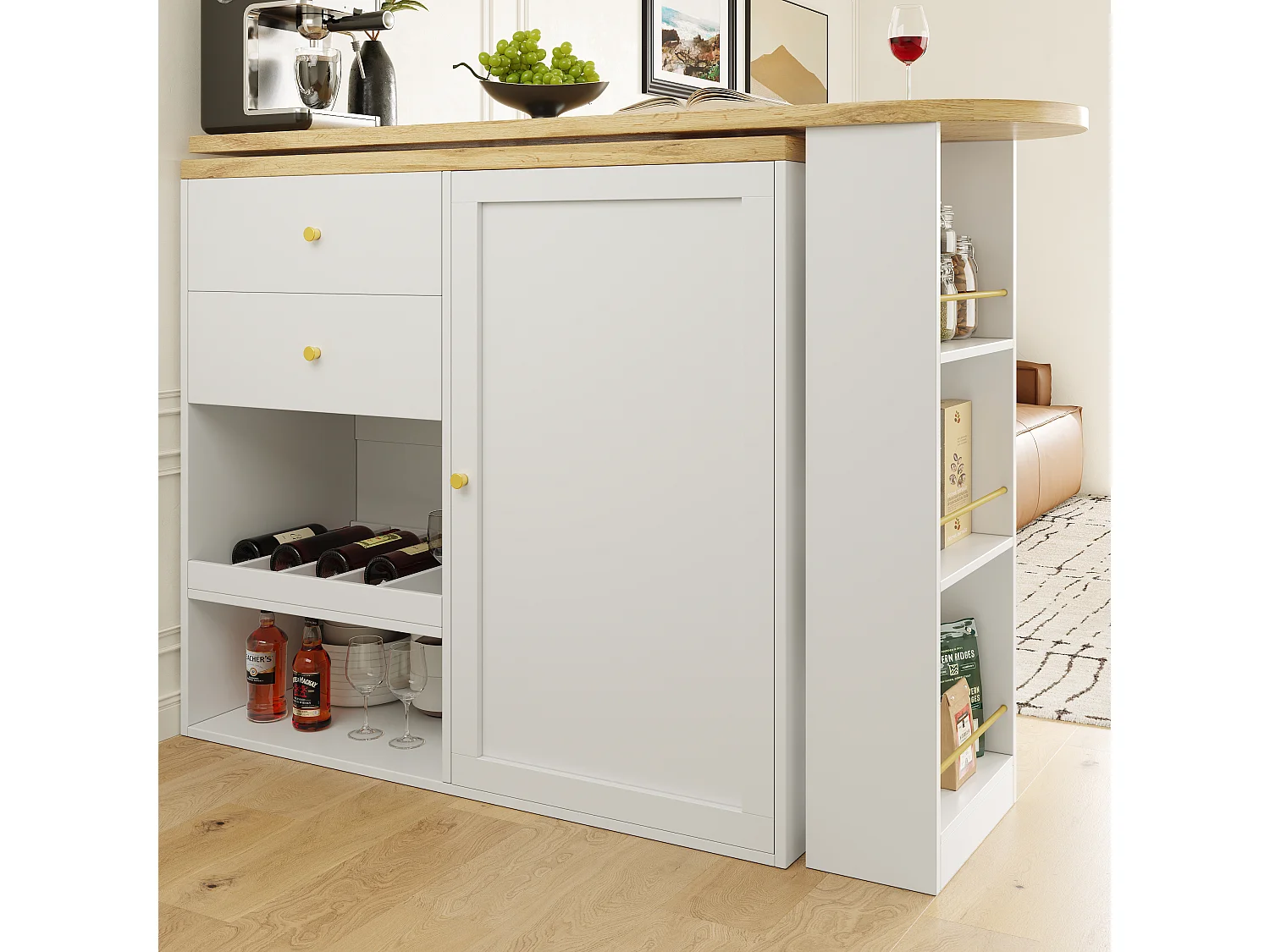 Meuble de bar rotative à 360° - 204 x 39 x 104 cm - avec 2 tiroirs + armoire à portes - MDF - blanc