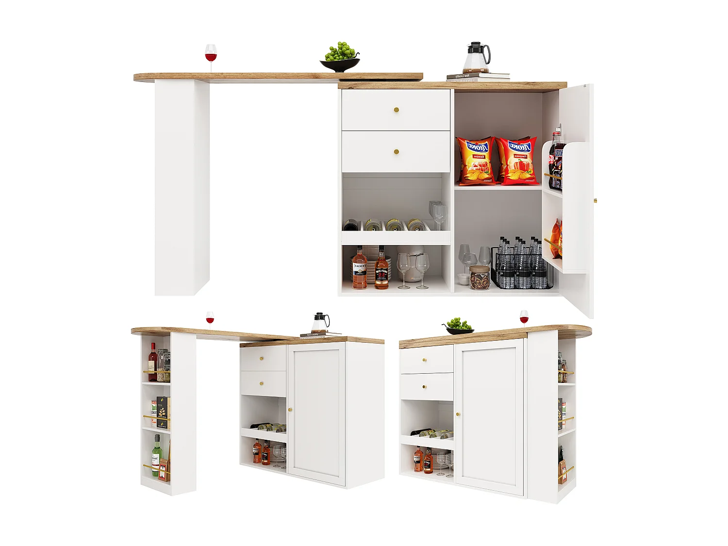Meuble de bar rotative à 360° - 204 x 39 x 104 cm - avec 2 tiroirs + armoire à portes - MDF - blanc