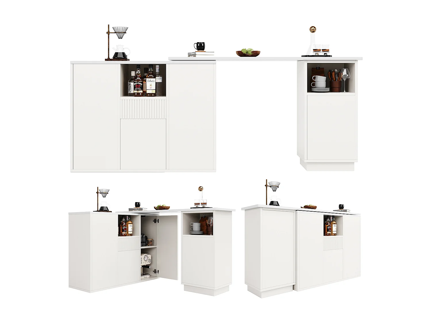 Mobile bar girevole a 360° - 198,5 x 30 x 75 cm - con 4 ante + piano in marmo - MDF - bianco