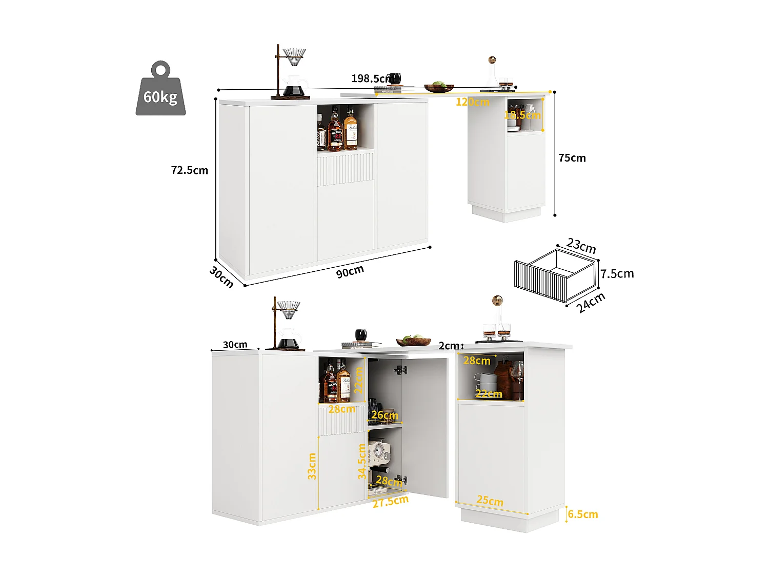 Mobile bar girevole a 360° - 198,5 x 30 x 75 cm - con 4 ante + piano in marmo - MDF - bianco