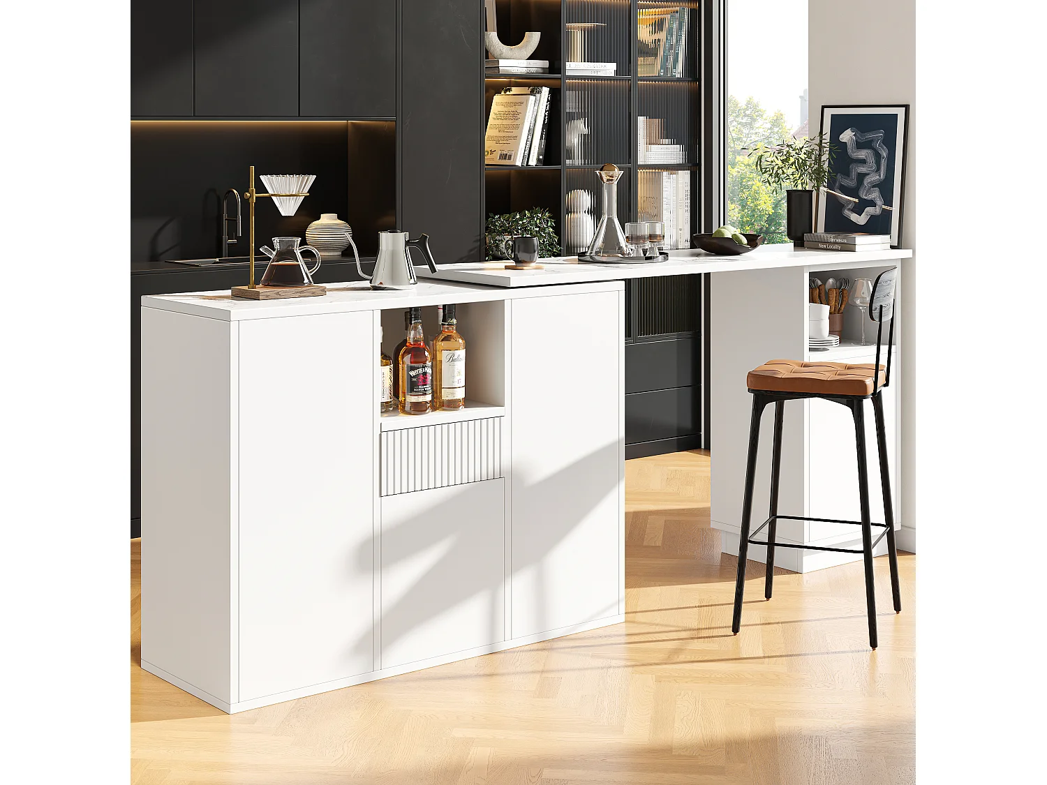 Mobile bar girevole a 360° - 198,5 x 30 x 75 cm - con 4 ante + piano in marmo - MDF - bianco