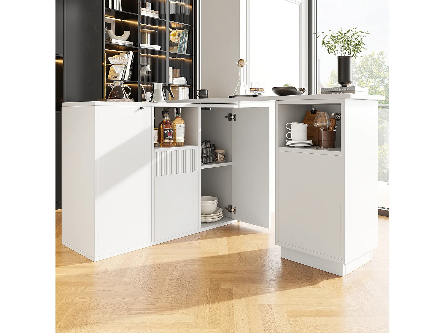 Mobile bar girevole a 360° - 198,5 x 30 x 75 cm - con 4 ante + piano in marmo - MDF - bianco