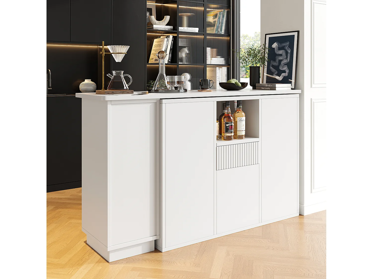 Mobile bar girevole a 360° - 198,5 x 30 x 75 cm - con 4 ante + piano in marmo - MDF - bianco