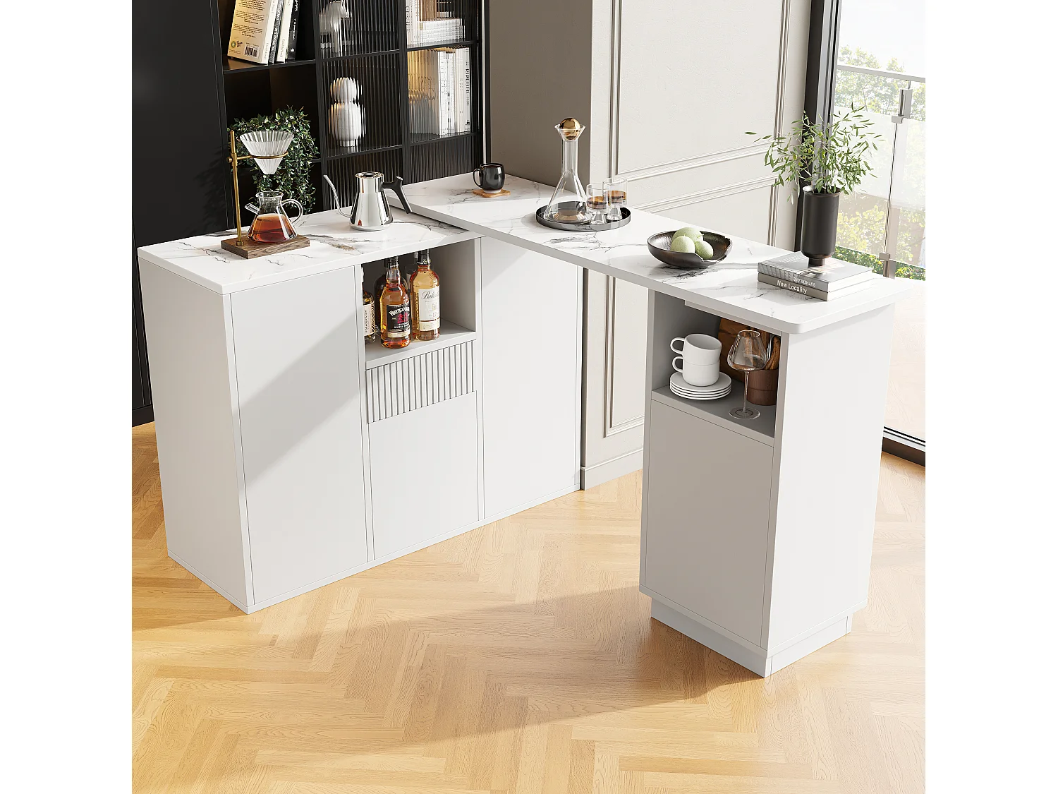 Mobile bar girevole a 360° - 198,5 x 30 x 75 cm - con 4 ante + piano in marmo - MDF - bianco