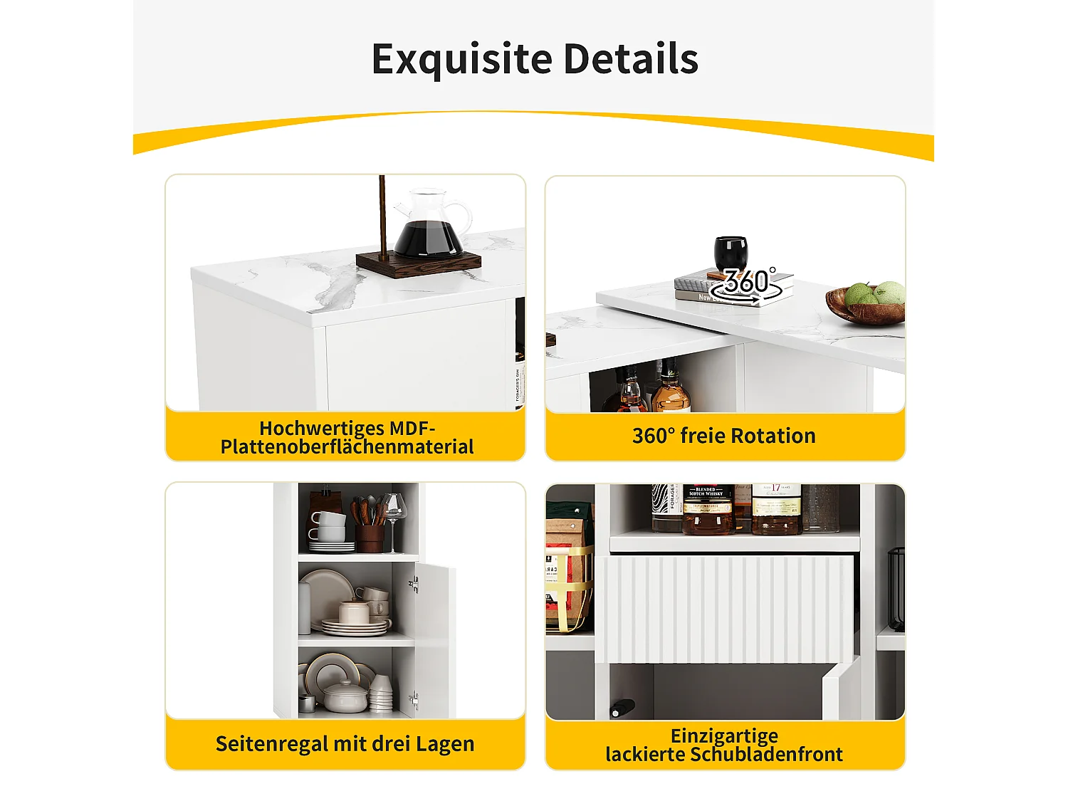 Mobile bar girevole a 360° - 198,5 x 30 x 75 cm - con 4 ante + piano in marmo - MDF - bianco