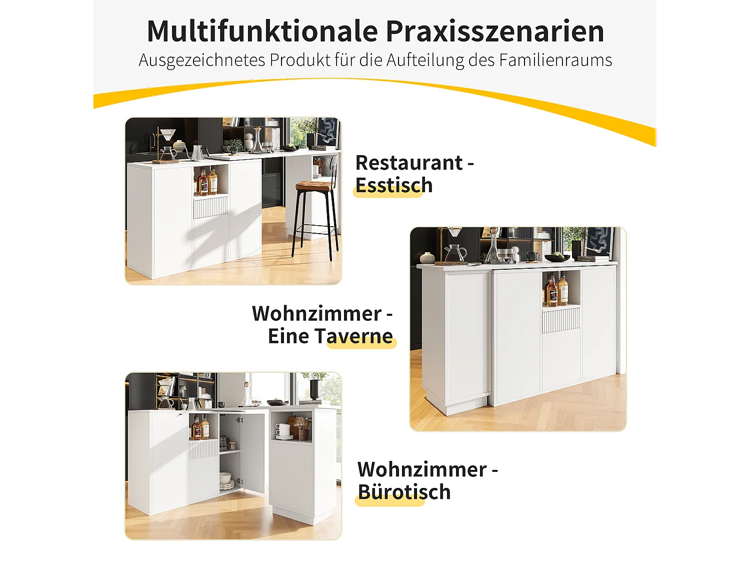 Mobile bar girevole a 360° - 198,5 x 30 x 75 cm - con 4 ante + piano in marmo - MDF - bianco