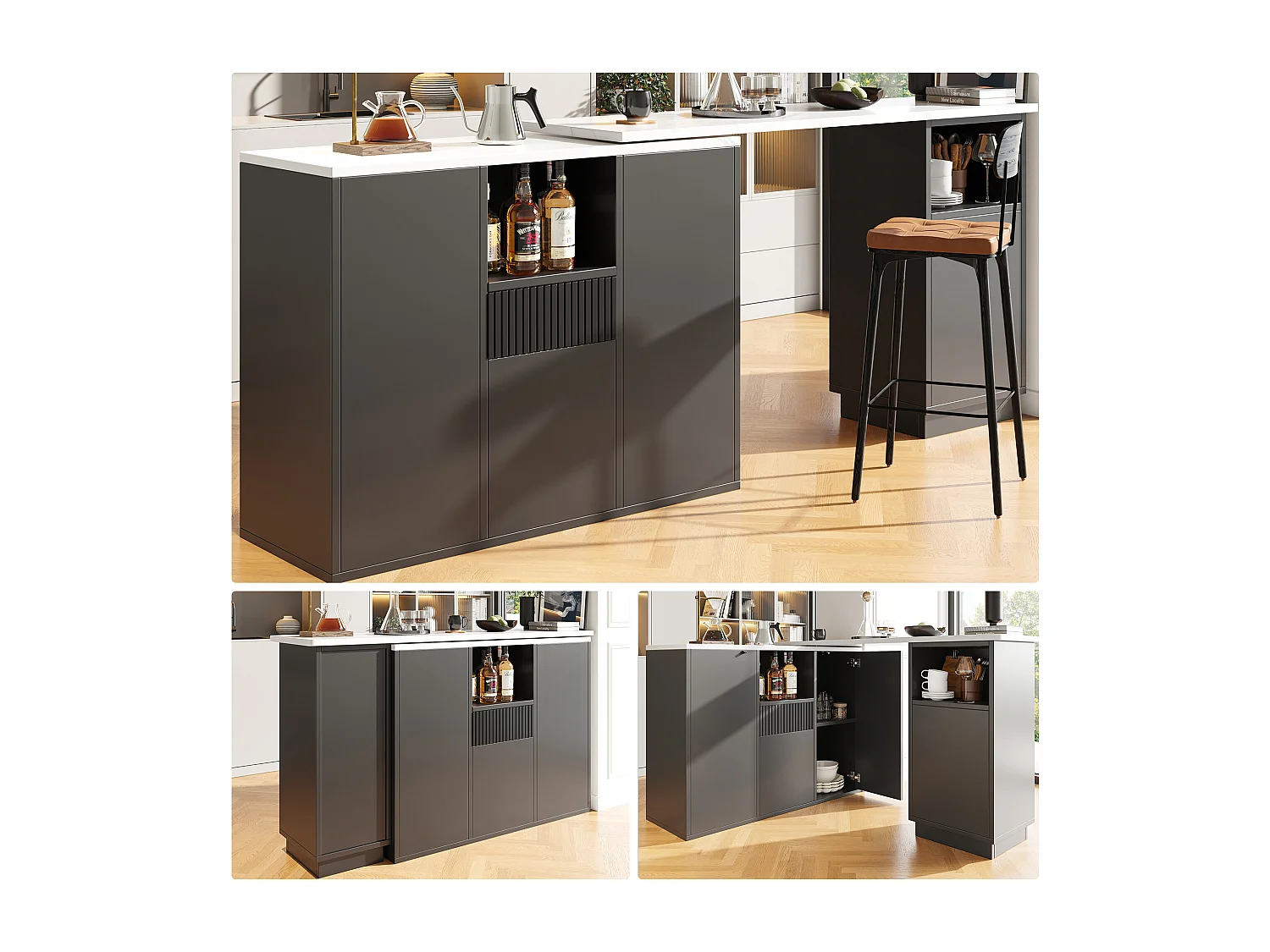 Mueble bar giratorio 360° - 198,5 x 30 x 75 cm - con 4 puertas + encimera de mármol - MDF - negro