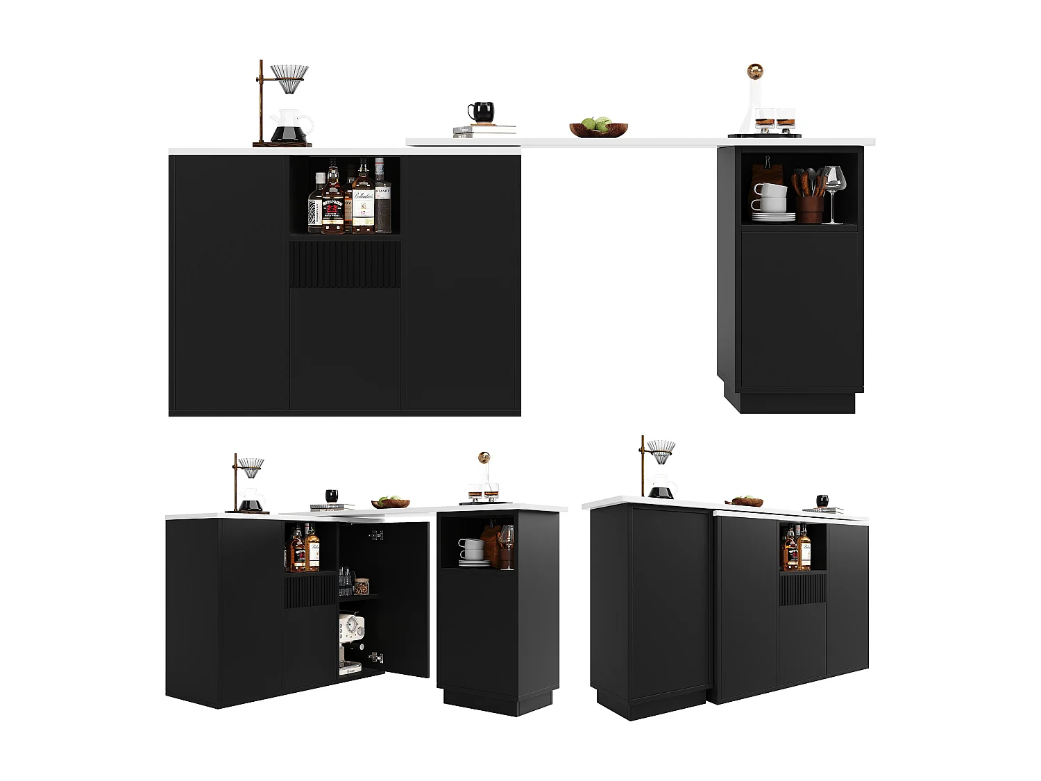 Mueble bar giratorio 360° - 198,5 x 30 x 75 cm - con 4 puertas + encimera de mármol - MDF - negro
