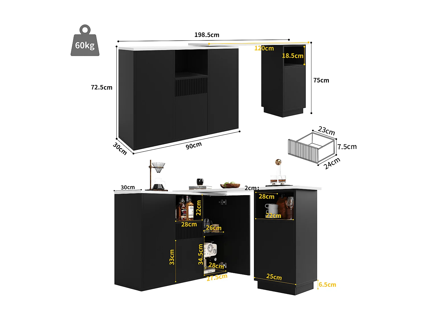 Mueble bar giratorio 360° - 198,5 x 30 x 75 cm - con 4 puertas + encimera de mármol - MDF - negro
