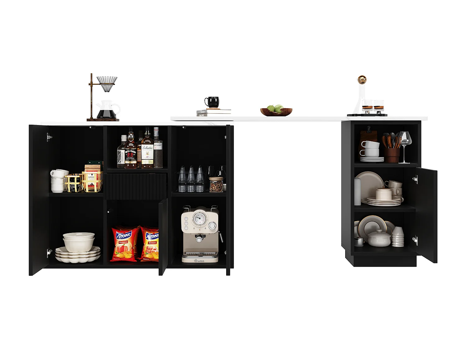 Mueble bar giratorio 360° - 198,5 x 30 x 75 cm - con 4 puertas + encimera de mármol - MDF - negro