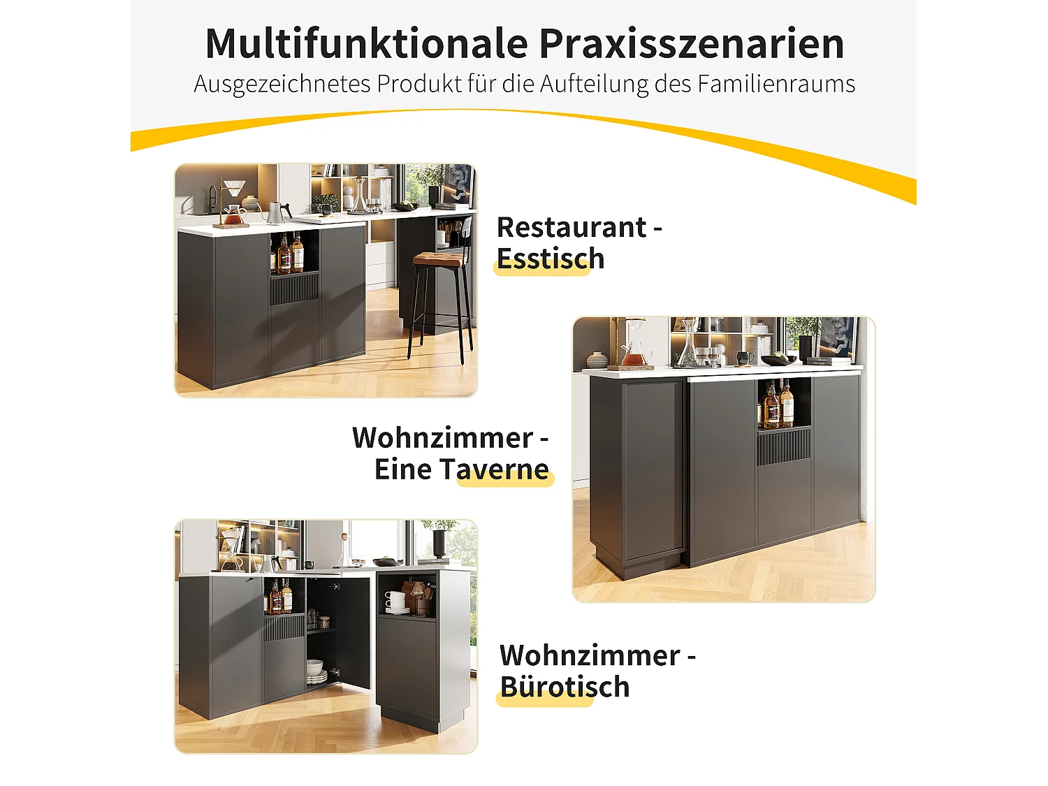 Mueble bar giratorio 360° - 198,5 x 30 x 75 cm - con 4 puertas + encimera de mármol - MDF - negro