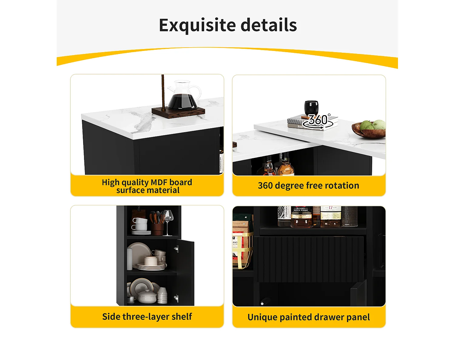 Mueble bar giratorio 360° - 198,5 x 30 x 75 cm - con 4 puertas + encimera de mármol - MDF - negro