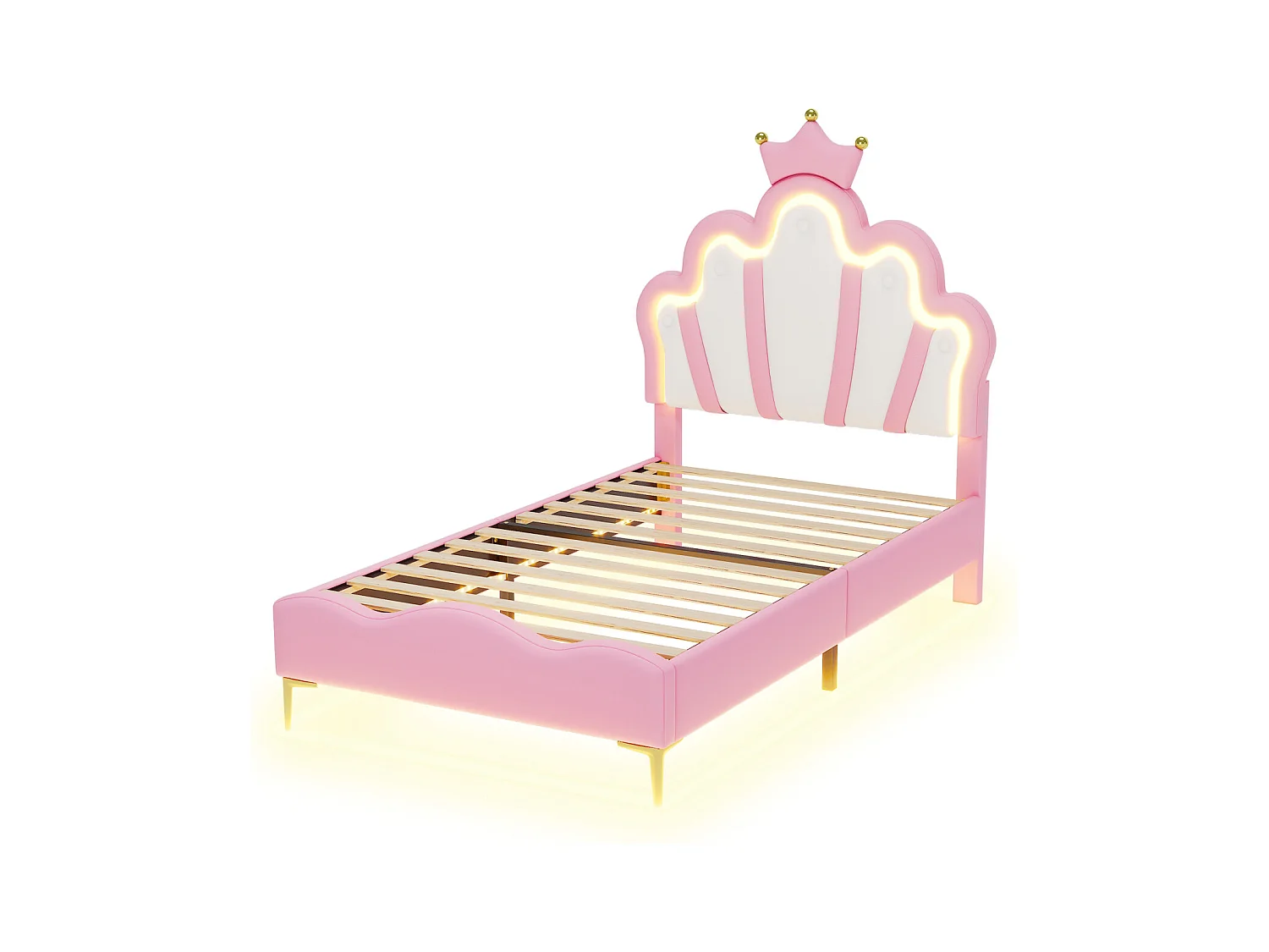 Lit rembourré pour enfant 90 x 200 cm avec LED, lit de princesse couronne, en polyuréthane, rose