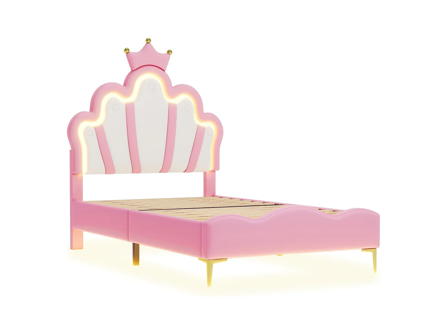 Lit rembourré pour enfant 90 x 200 cm avec LED, lit de princesse couronne, en polyuréthane, rose