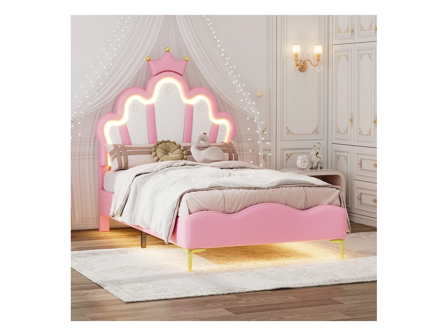 Cama infantil tapizada 90x200 cm con LED, cama Crown Princess, poliuretano, color rosa