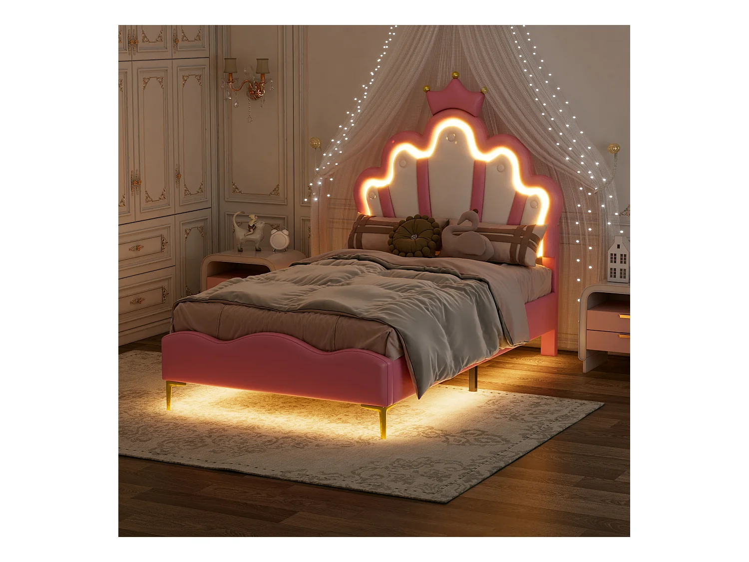 Cama infantil tapizada 90x200 cm con LED, cama Crown Princess, poliuretano, color rosa