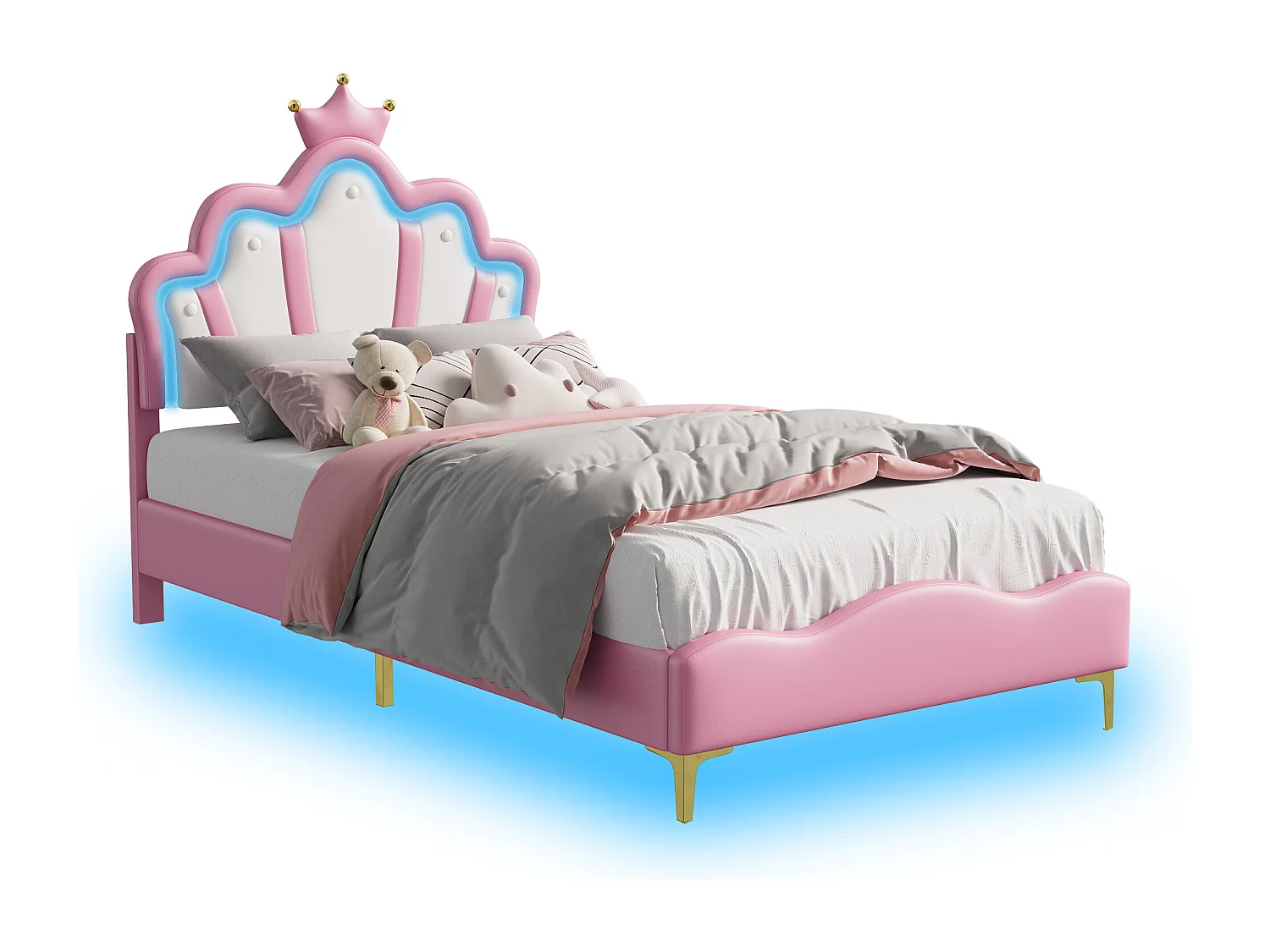 Gestoffeerd kinderbed 90 x 200 cm met LED-verlichting, prinsessenkroonbed, polyurethaan, roze
