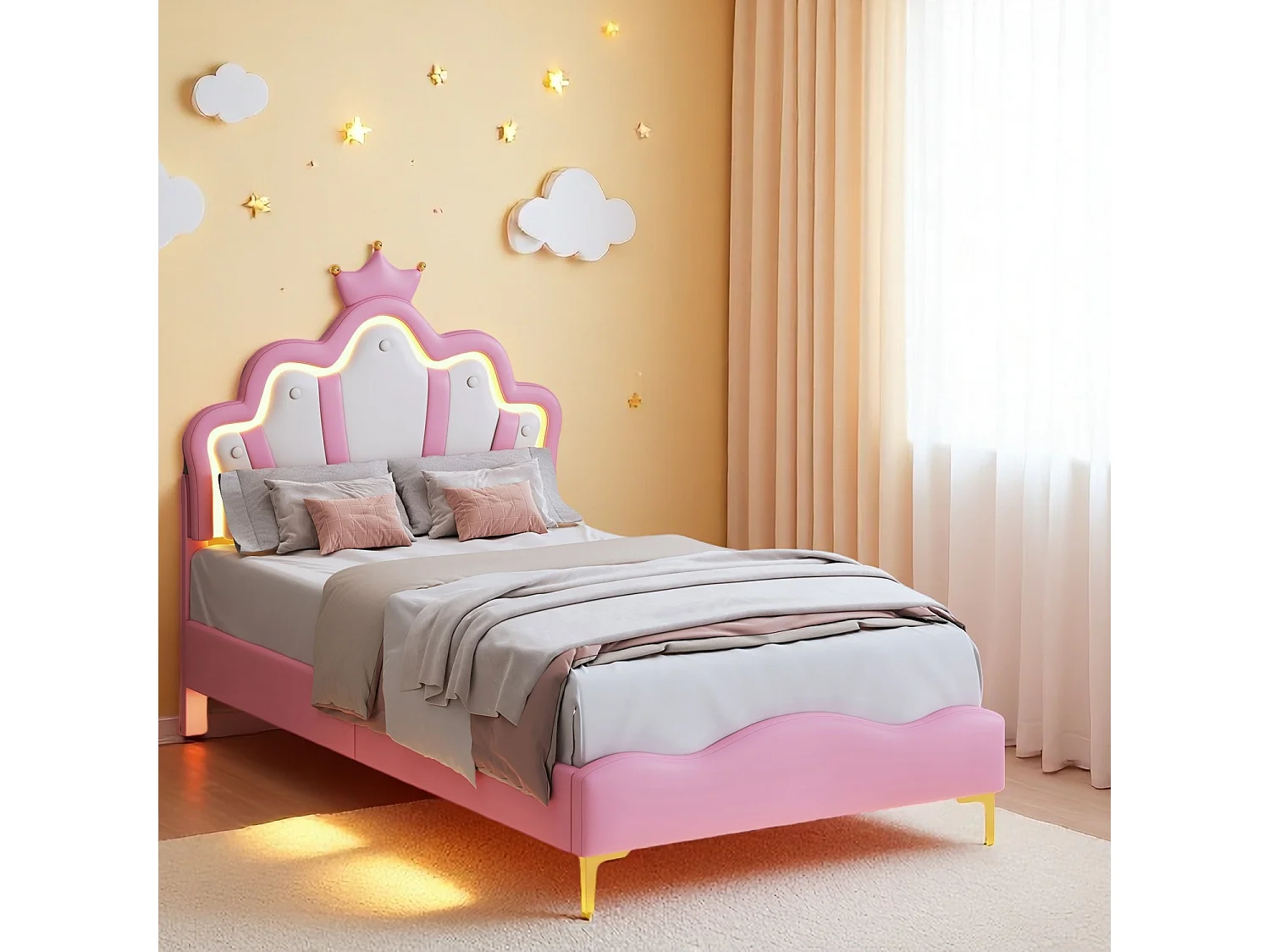Lit capitonné 140 x 200 cm,avec tête de lit LED réglable et sommier à Lattes, lit Fille, Design Forme Couronne pour Enfants et Adolescents, PU, Rose