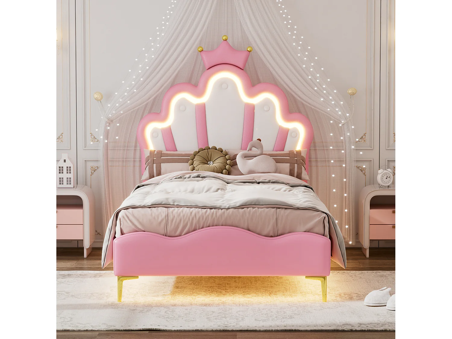 Lit capitonné 140 x 200 cm,avec tête de lit LED réglable et sommier à Lattes, lit Fille, Design Forme Couronne pour Enfants et Adolescents, PU, Rose