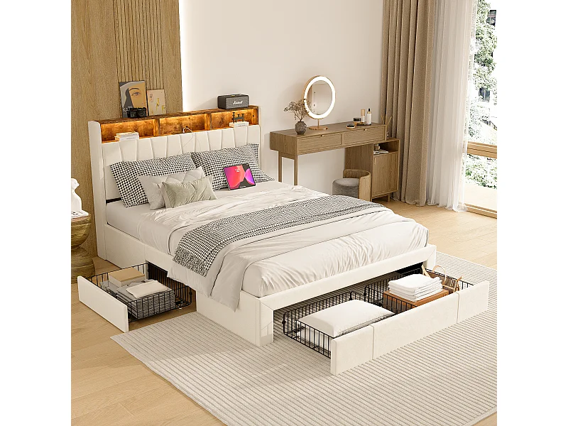 Tweepersoonsbed 160x200 cm met LED-verlichting en USB-voet, 3 lades, hoofdbord met opbergruimte, fluweel, beige