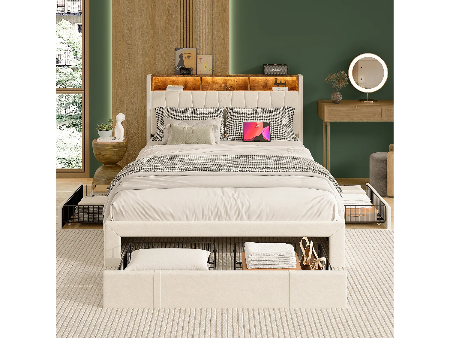 Tweepersoonsbed 160x200 cm met LED-verlichting en USB-voet, 3 lades, hoofdbord met opbergruimte, fluweel, beige