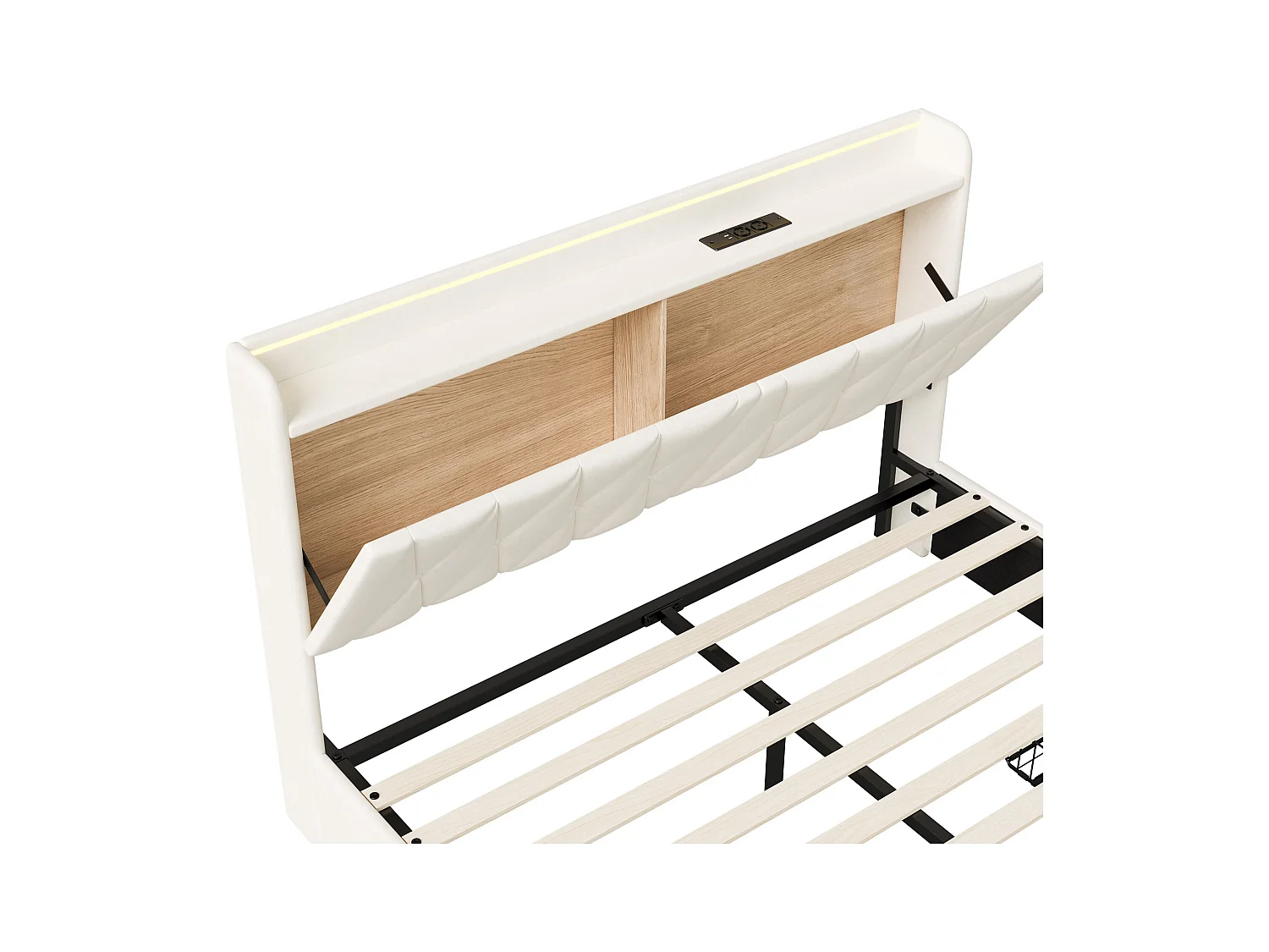 Letto 160 x 200 cm con base e 3 cassetti, testiera imbottita con contenitore e LED, USB, Beige