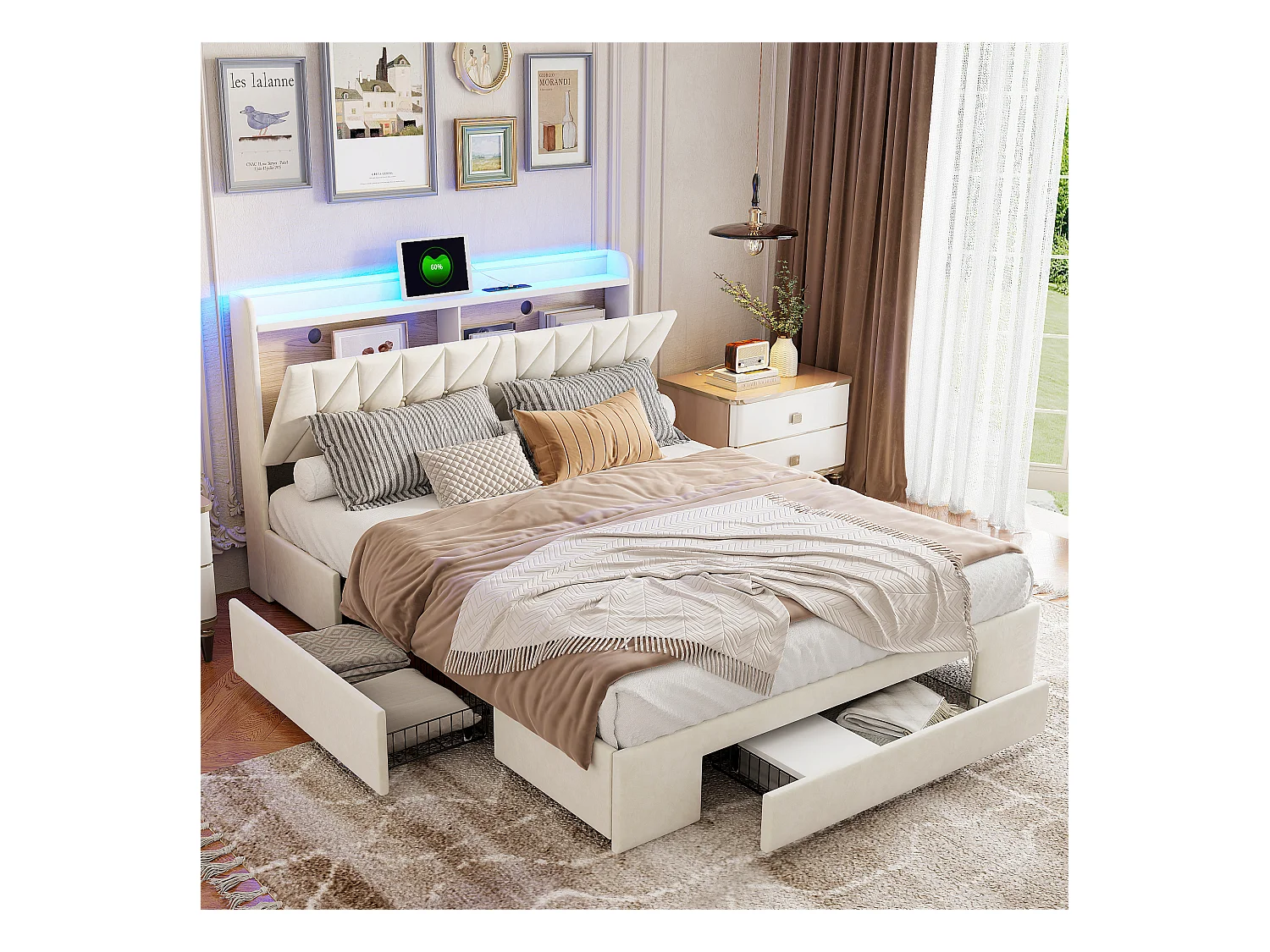Cama 160x200 cm con base y 3 cajones, cabecero acolchado con almacenaje y LED, USB, Beige