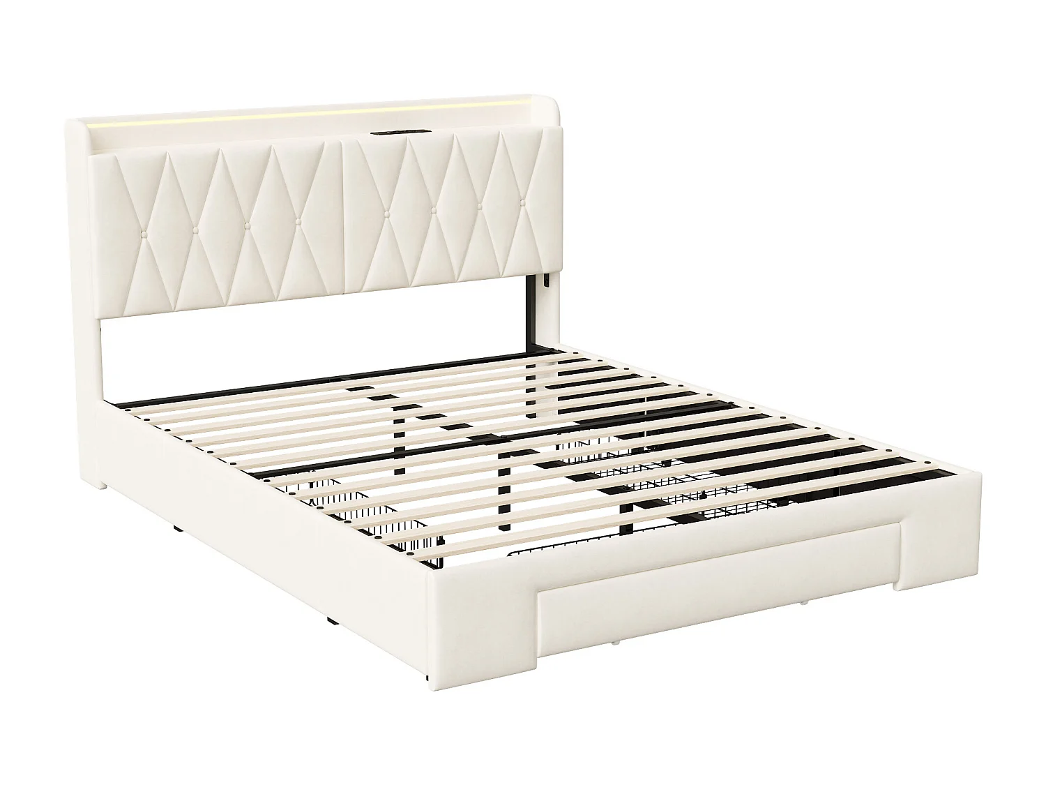 Letto 160 x 200 cm con base e 3 cassetti, testiera imbottita con contenitore e LED, USB, Beige