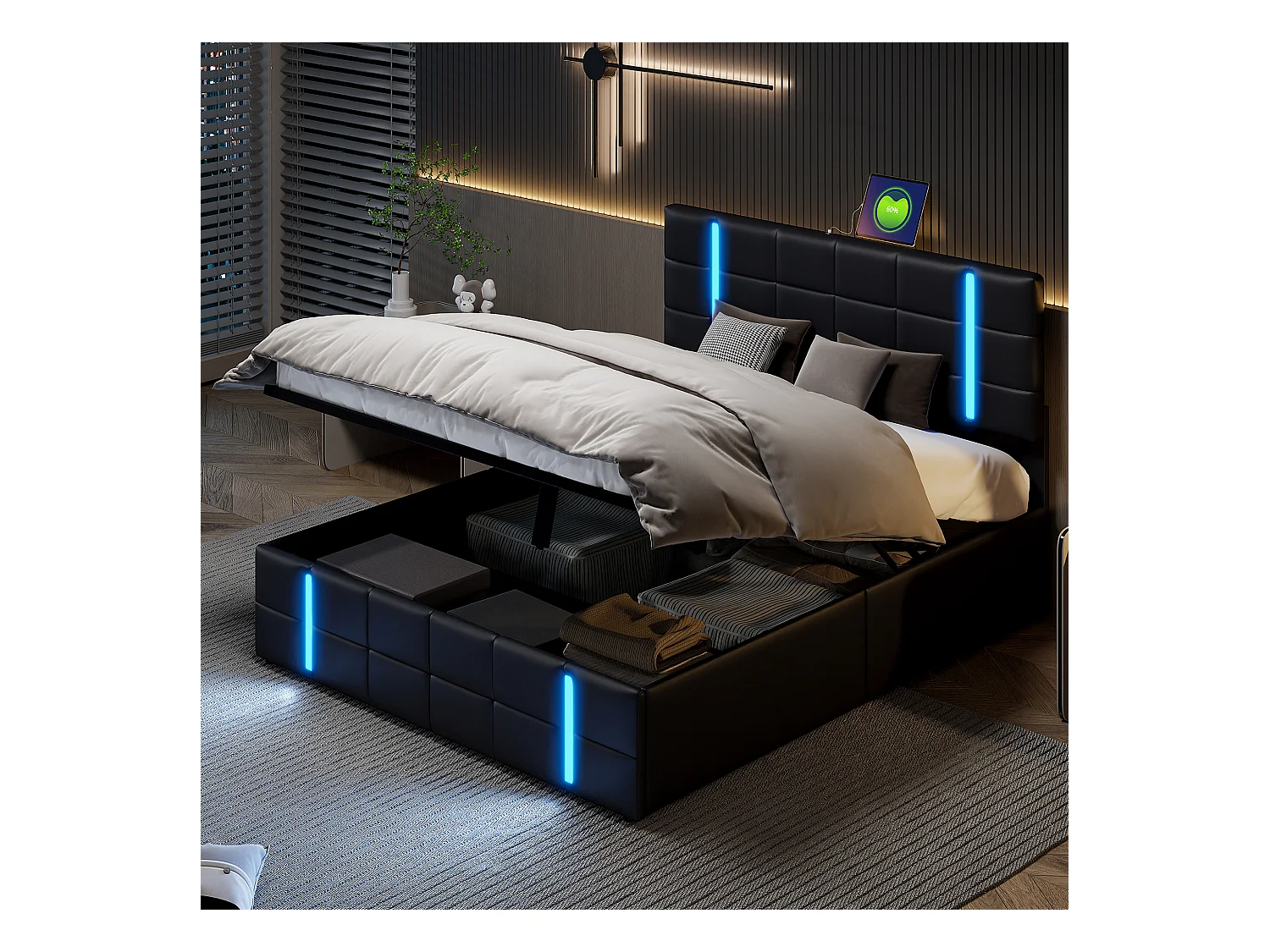 Lit double rembourré 160 x 200 cm, avec LED, cadre de lit avec cadre et sommier à lattes, PU, Noir