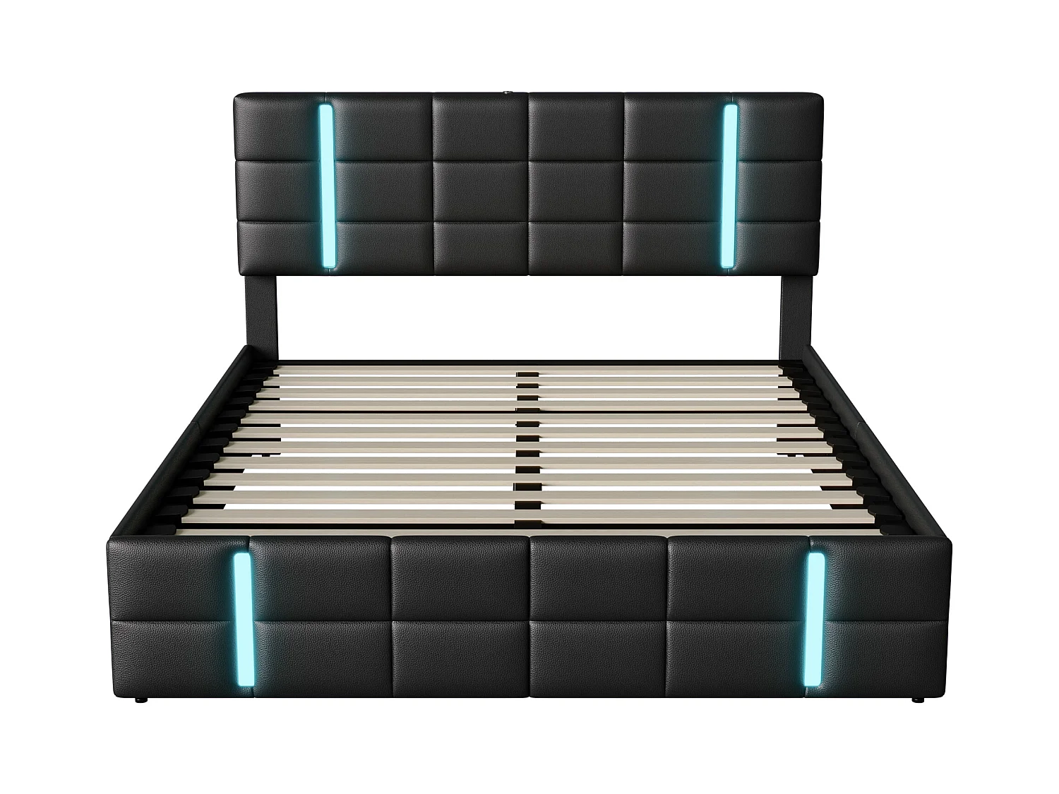 Lit double rembourré 160 x 200 cm, avec LED, cadre de lit avec cadre et sommier à lattes, PU, Noir