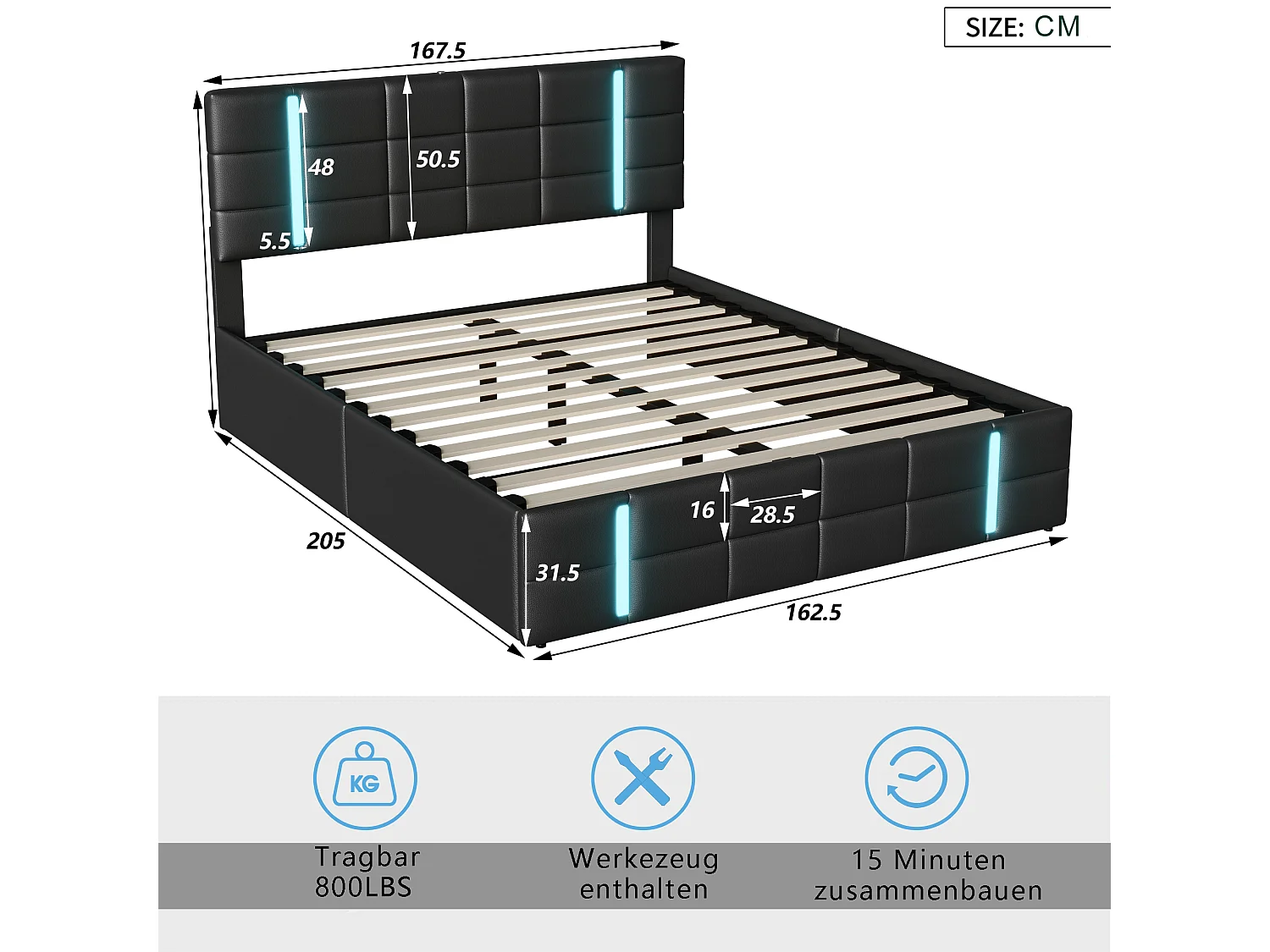 Cama doble tapizada 160x200 cm, con LED, estructura de cama con marco y somier de láminas, PU, Negro