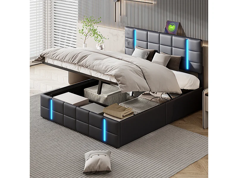 Cama doble tapizada 160x200 cm, con LED, estructura de cama con marco y somier de láminas, PU, Negro