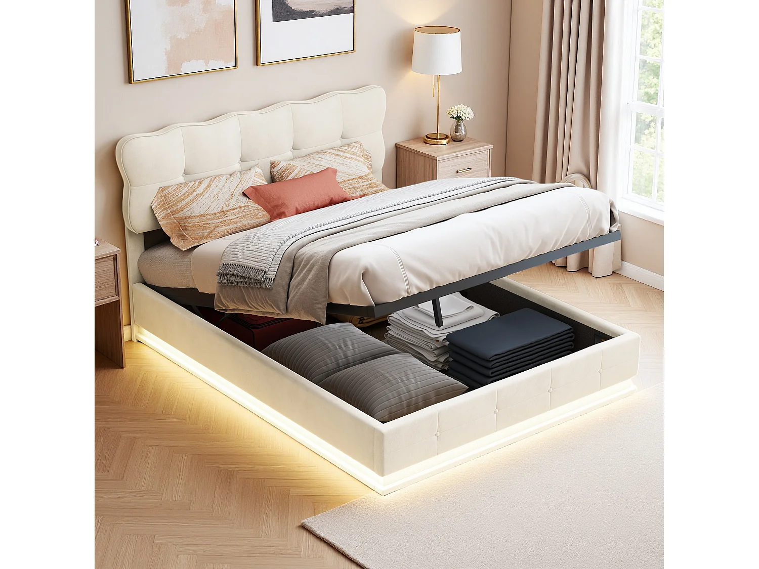 Lit Coffre 140x200 cm, Lits capitonné en Tissu avec Rangement, Lit Double avec sommier à Lattes, Lits 2 Personnes avec éclairage LED, Velours,Beige