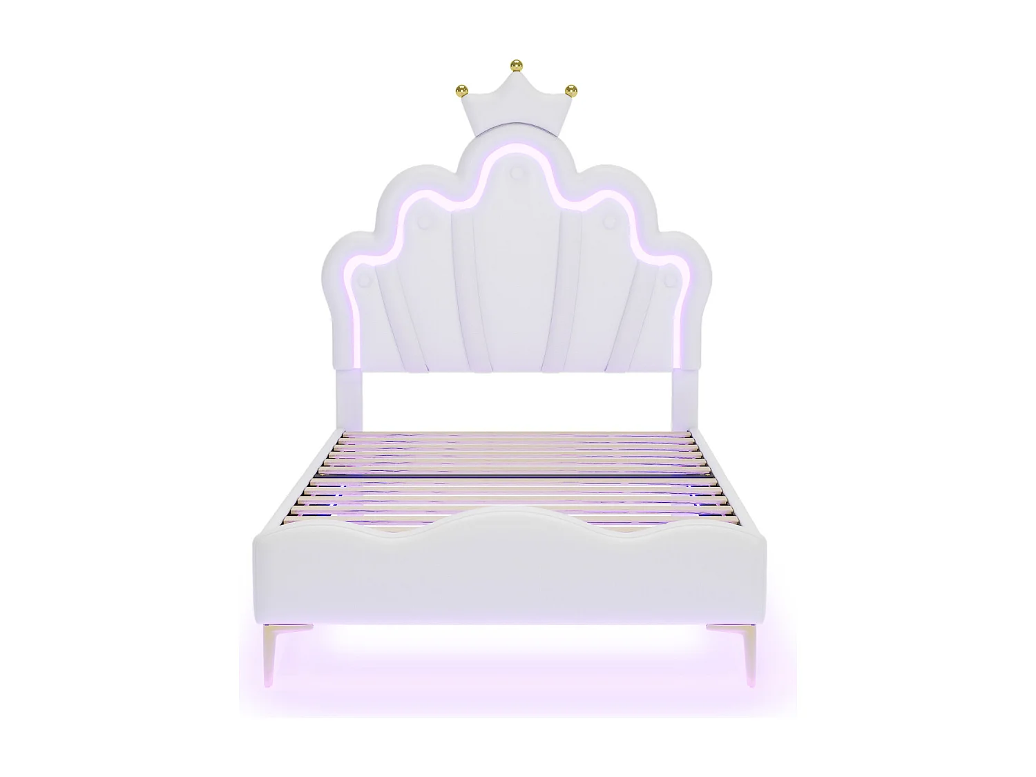 Lit capitonné 140 x 200 cm,avec tête de lit LED réglable et sommier à Lattes, lit Fille, Design Forme Couronne pour Enfants et Adolescents, PU, ​​Blanc