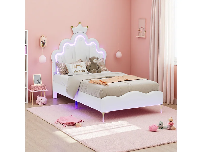 Lit capitonné 140 x 200 cm,avec tête de lit LED réglable et sommier à Lattes, lit Fille, Design Forme Couronne pour Enfants et Adolescents, PU, ​​Blanc
