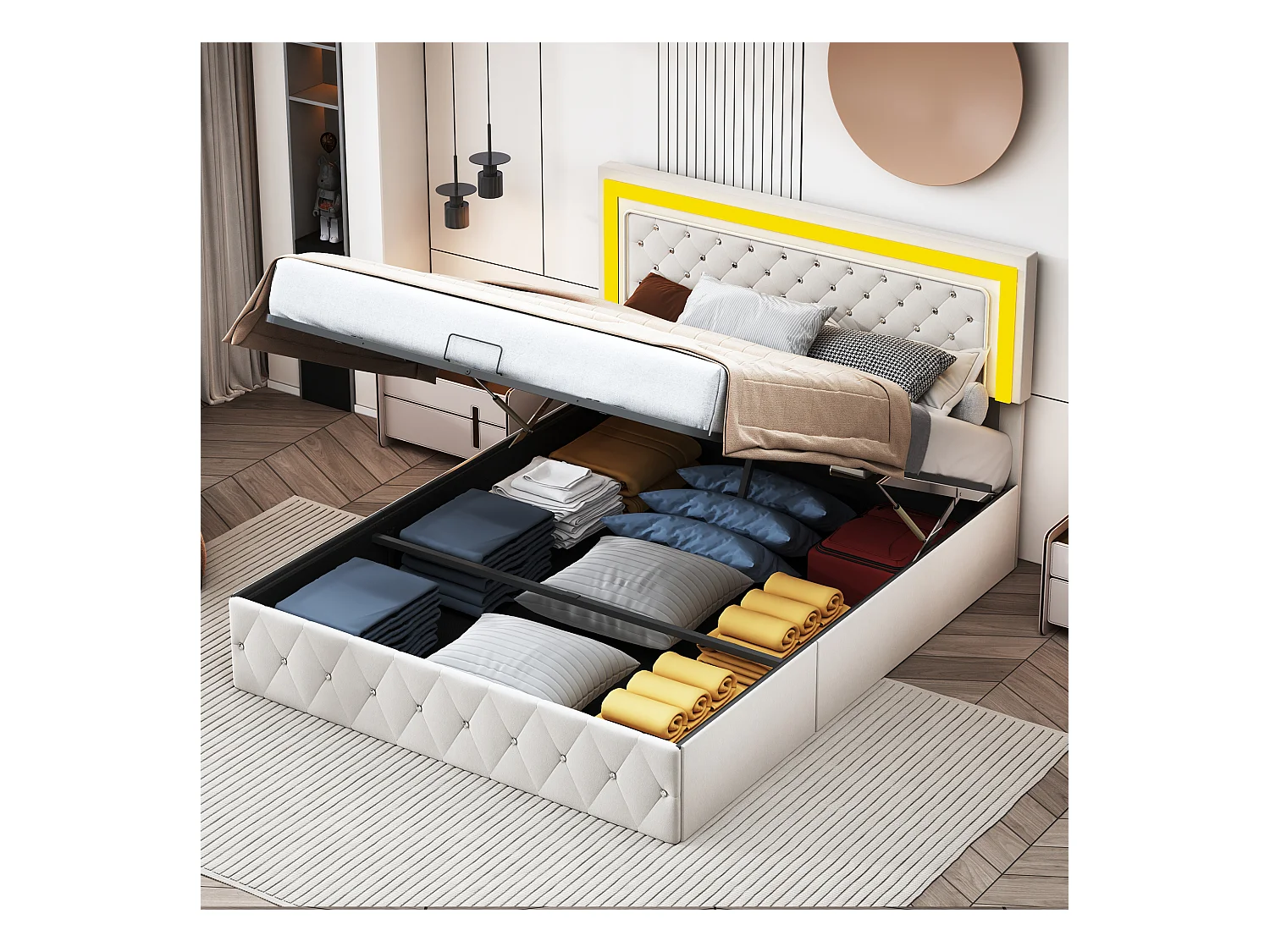 180x200cm Opbergbed met LED en opbergruimte, tweepersoonsbed met verstelbaar hoofdeinde, fluweel, beige