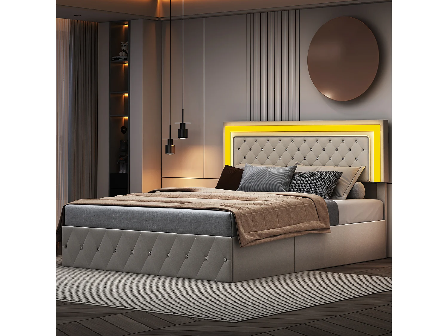 Letto contenitore 180x200 cm con LED e contenitore, letto matrimoniale con testiera regolabile, velluto, beige